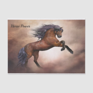 Papier Mousseline Cheval brun frison s'élevant avec les nuages