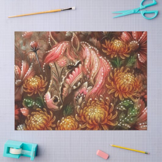 Papier Mousseline Cheval d'automne Chrysanthèmes floraux Découpage (Artisanat)