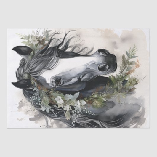 Papier Mousseline Cheval floral noir et blanc Boho (Recto)