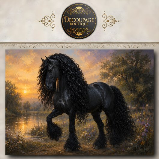 Papier Mousseline Cheval Frison Noir Coucher de Soleil