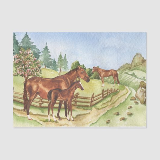 Papier Mousseline Cheval Mère Colt Aquarelle Paysage (Recto)