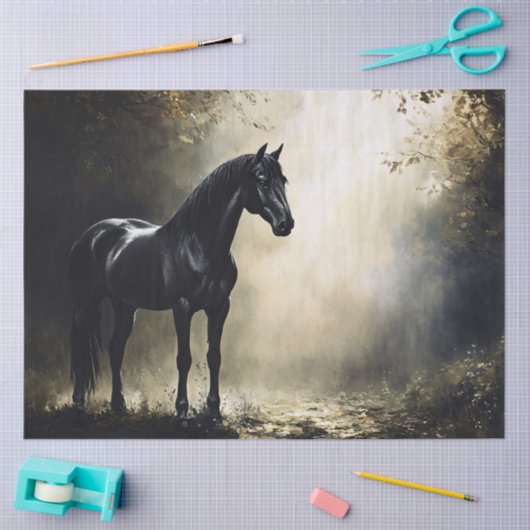 Papier Mousseline Cheval noir dans la forêt d'automne de Misty (Artisanat)