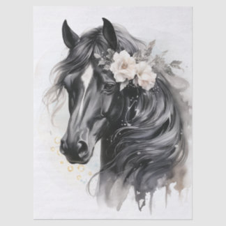 Papier Mousseline Cheval noir floral aquarelle bohème