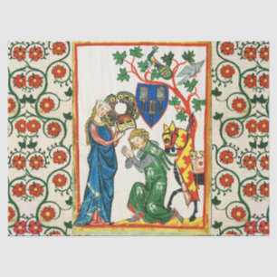 PAPIER MOUSSELINE CHEVALIER ARMÉ PAR SA FEMME, MINIATURE MÉDIÉVALE