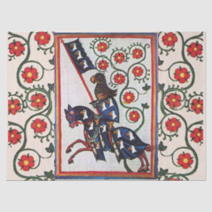 PAPIER MOUSSELINE CHEVALIER BLEU AVEC ROSES ROUGES MINIATURE MÉDIÉVA