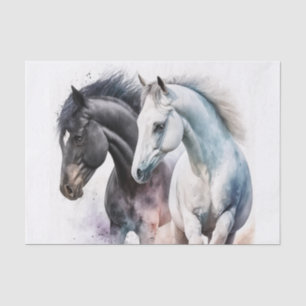 Papier Mousseline Chevaux noir et blanc en aquarelle