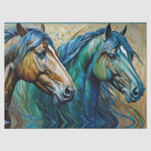 Papier Mousseline Chevaux Turquoise bleu vert brun