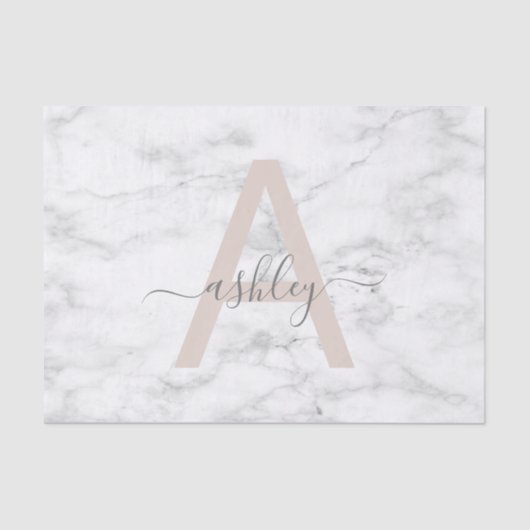 Papier Mousseline Chic Blush Pink White Marble Script Nom monogram (Recto)