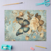 Papier Mousseline Chic papillon bleu Shabby & roses blanches (Artisanat)