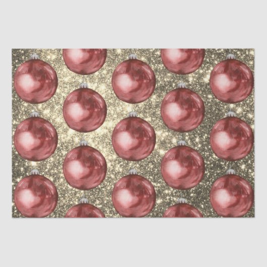Papier Mousseline Chic Rouge boules de Noël or étincelles (Recto)