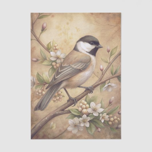 Papier Mousseline Chickadee Bird on a Branch with White Blossoms (Recto)