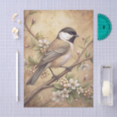 Papier Mousseline Chickadee Bird on a Branch with White Blossoms (Artisanat)