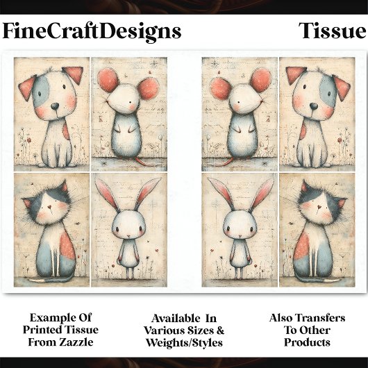 Papier Mousseline Chien, Chat, Souris et Bunny DS1B Whimsical