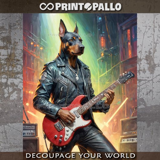 Papier Mousseline Chien Dobermann jouant de la guitare sur une scène