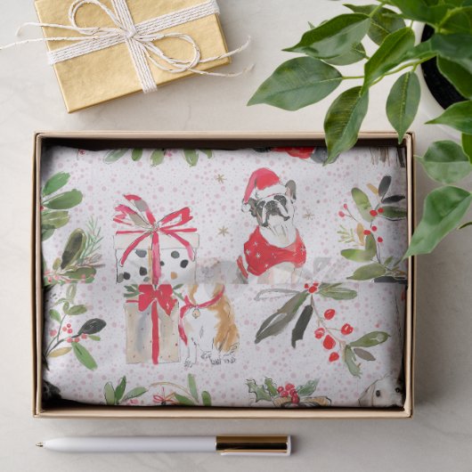 Papier Mousseline Chiens de Noël et motif de verdure (Cadeau)