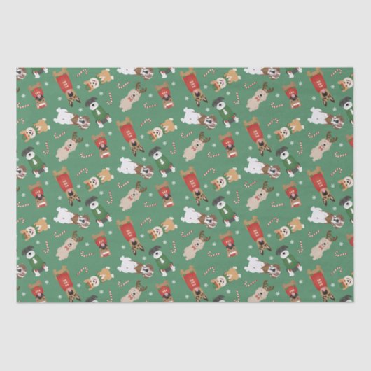 Papier Mousseline Chiens de Noël Motif Rouge Vert (Recto)