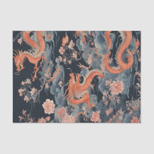 Papier Mousseline Chinois dragon oriental foncé chinoiserie (Recto)