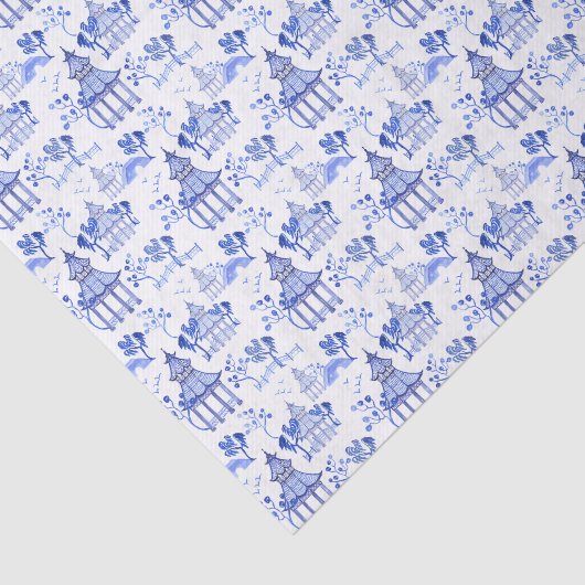 Papier Mousseline Chinoiserie Aquarelle Pagode Motif (Détail)