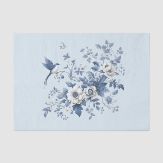 Papier Mousseline Chinoiserie Bird et Floral Blue (Recto)