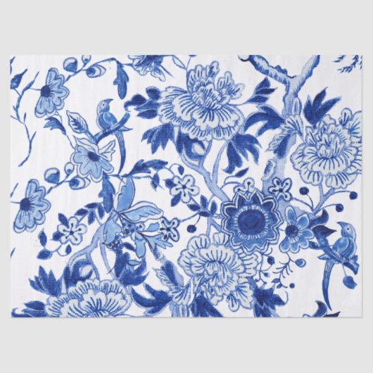 Papier Mousseline Chinoiserie Bird Floral Bleu et Blanc Découpage (Recto)