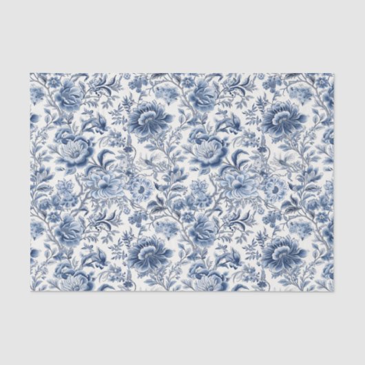 Papier Mousseline Chinoiserie Bleu Blanc Floral Fleurs Découpage (Recto)