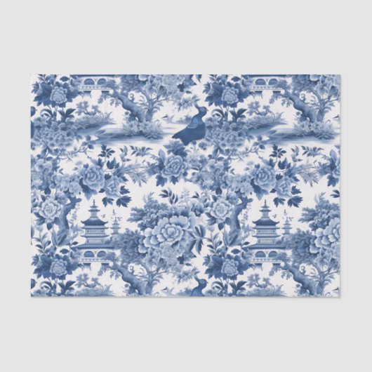 Papier Mousseline Chinoiserie Bleu Blanc Floral Peinture Découpage (Recto)