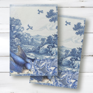 Papier Mousseline Chinoiserie Bleu Blanc Français Toile Oiseau Colla