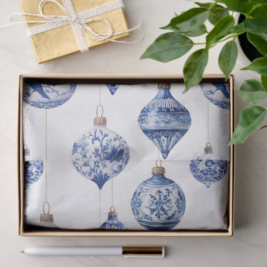 Papier Mousseline Chinoiserie Bleu et Blanc ornements de Noël (Cadeau)