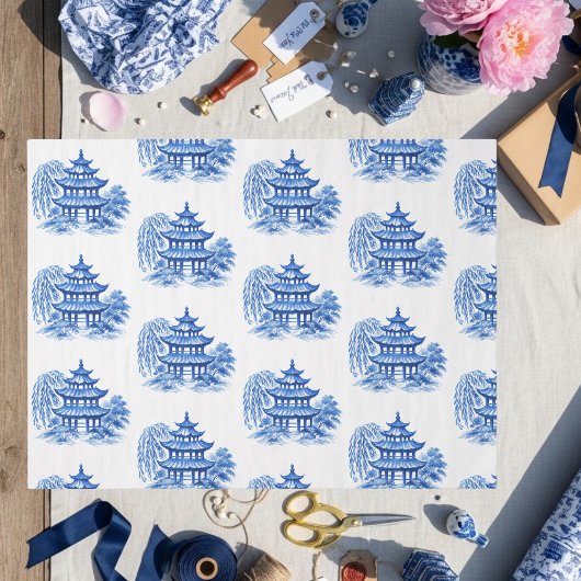 Papier Mousseline Chinoiserie Blue Willow Pagoda
