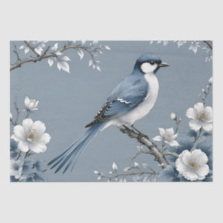 Papier Mousseline Chinoiserie Floral Bird Dusty Blue & White Tissue