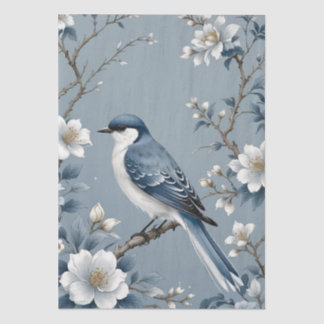 Papier Mousseline Chinoiserie Floral Bird Dusty Blue & White Tissue