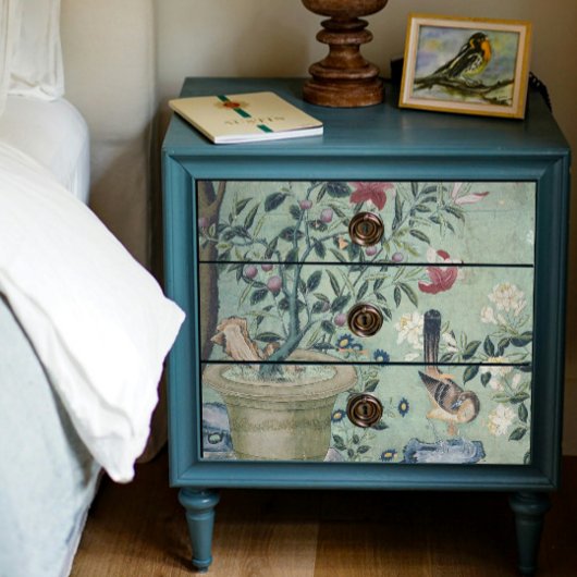 Papier Mousseline Chinoiserie Floral Birds Pot Mint sur Blue Decoupa