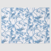 Papier Mousseline Chinoiserie Floral Oiseau Dusty Bleu Blanc Découpa (Recto)