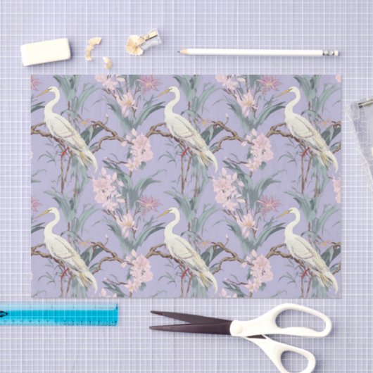 Papier Mousseline Chinoiserie Lavender Floral Egret (Artisanat)