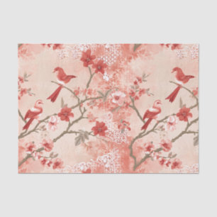 Papier Mousseline Chinoiserie Oiseau rouge Asiatique Fleurs roses Dé