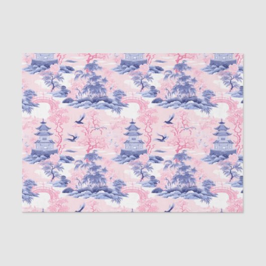 Papier Mousseline Chinoiserie Paysage asiatique Découpage bleu rose (Recto)