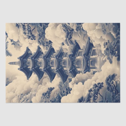 Papier Mousseline Chinoiserie Temple chinois Découpage bleu (Recto)