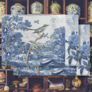 Papier Mousseline Chinoiserie Toile Floral Bleu Blanc Script Collage