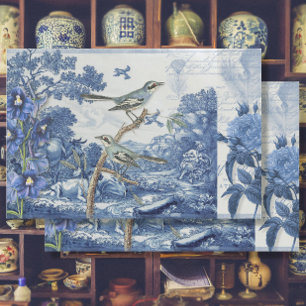 Papier Mousseline Chinoiserie Toile Floral Bleu Blanc Script Collage