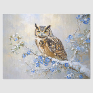 Papier Mousseline Chouette avec des fleurs bleues Peinture Découpage