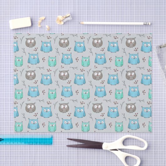 Papier Mousseline Chouette gris bleu mou Motif (Artisanat)