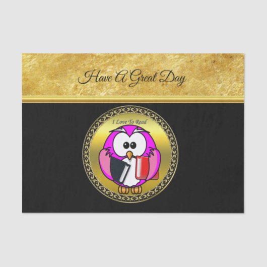 Papier Mousseline Chouette rose et blanche tenant des livres scolair (Recto)