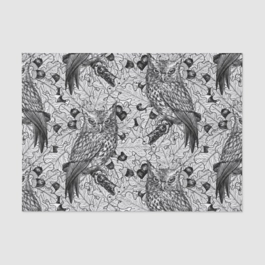 Papier Mousseline Chouettes dans le chêne, noir et blanc (Recto)