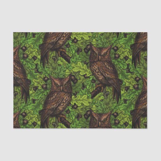 Papier Mousseline Chouettes dans le chêne, vert et marron (Recto)