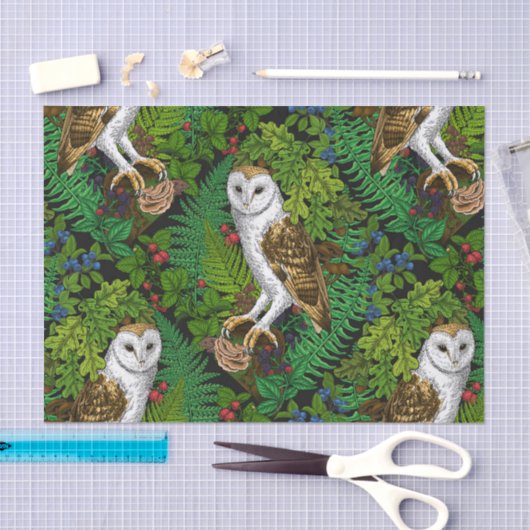 Papier Mousseline Chouettes, fougères, chênes et baies (Artisanat)