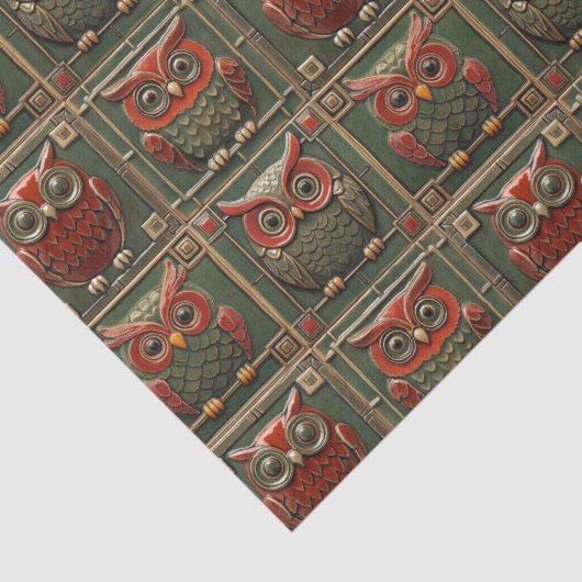 Papier Mousseline Chouettes vertes et rouges (Détail)