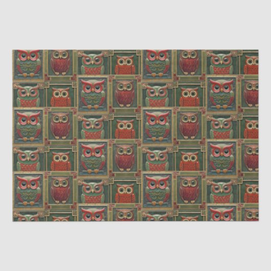 Papier Mousseline Chouettes vertes et rouges (Recto)