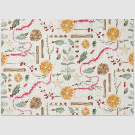 Papier Mousseline Christmas Holly Berry Cinnamon Orange Decoupage (Recto)