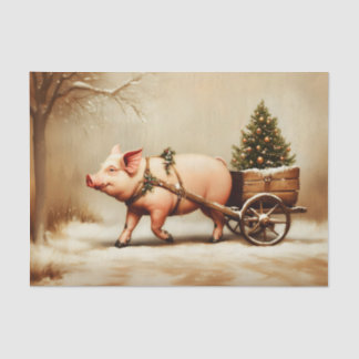 Papier Mousseline Christmas Pig & Tree Cart in Snow EN2L Decoupage