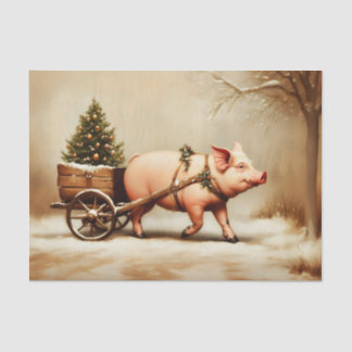 Papier Mousseline Christmas Pig & Tree Cart in Snow EN2R Decoupage